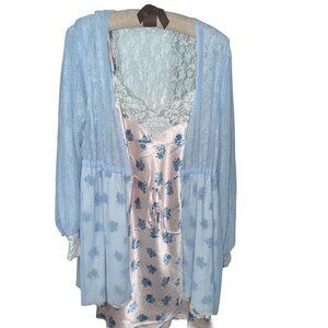 Revolve We are HAH XS Double Set Blue Lace Robe & Floral Slip Reversible NWT 428